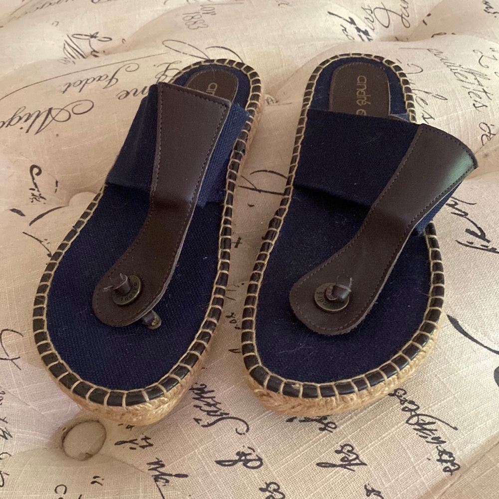 Andre Assous wedge sandals, size 41 (European), navy and leather.